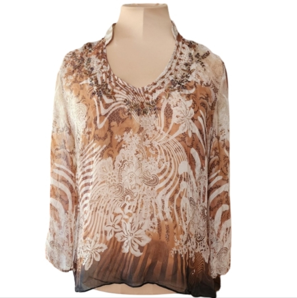 ICE‎ Floral Sheer Sequined Blouse Women's Large